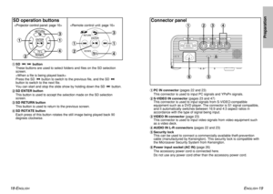 Page 10ENGLISH
-19 18-E
NGLISH
SD operation buttons 
R O TAT E RETURN
ENTER
#SD 
/
button
These buttons are used to select folders and files on the SD selection
screen.

Press the SD  button to switch to the previous file, and the SD 
button to switch to the next file.
You can start and stop the slide show by holding down the SD  button.
$SD ENTER button
This button is used to accept the selection made on the SD selection
screen.
%SD RETURN button
This button is used to return to the previous screen.
&SD ROTATE...