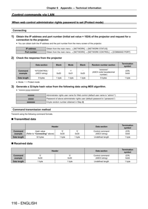 Page 116Chapter 6 Appendix — Technical information
116 - ENGLISH
Control commands via LAN
When web control administrator rights password is set (Protect mode)
Connecting
1) Obtain the IP address and port number (Initial set value = 1024) of the projector a\
nd request for a 
connection to the projector.
 fYou can obtain both the IP address and the port number from the menu screen of the projector.
IP address
Obtain from the main menu 
→ [NETWORK] 
→ [NETWORK STATUS]
Port number Obtain from the main menu 
→...