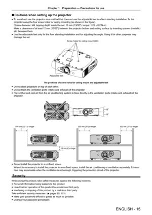 Page 15Chapter 1 Preparation — Precautions for use
ENGLISH - 15
 rCautions when setting up the projector
 fTo install and use the projector via a method that does not use the adjustable feet in a floor standing installation, fix the 
projector using the four screw holes for ceiling mounting (as shown in the figure).
(Screw diameter: M4, tapping depth inside the set: 10 mm (13/32"), torque: 1.25 ± 0.2 N·m)
Make a clearance of at least 12 mm (15/32") between the projector bottom and setting surface by...