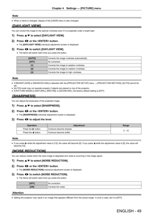 Page 49Chapter 4 Settings — [PICTURE] menu
ENGLISH - 49
Note
 fWhen a name is changed, display of the [USER] menu is also changed.
[DAYLIGHT VIEW]
You can correct the image to the optimal vividness even if it is projecte\
d under a bright light.
1) Press as to select [DAYLIGHT VIEW].
2) Press qw or the  button.
 fThe [DAYLIGHT VIEW] individual adjustment screen is displayed.
3) Press qw to switch [DAYLIGHT VIEW].
 fThe items will switch each time you press the button.
[AUTO]
Corrects the image vividness...