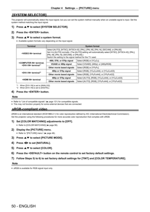 Page 50Chapter 4 Settings — [PICTURE] menu
50 - ENGLISH
[SYSTEM SELECTOR]
The projector will automatically detect the input signal, but you can se\
t the system method manually when an unstable signal is input. Set the 
system method matching the input signal.
1) Press as to select [SYSTEM SELECTOR].
2) Press the  button.
3) Press as to select a system format.
 fAvailable system formats vary depending on the input signal.
Terminal
System format
 terminal Select [AUTO], [NTSC], [NTSC4.43], [PAL], [PAL-M],...