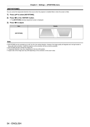 Page 54Chapter 4 Settings — [POSITION] menu
54 - ENGLISH
[KEYSTONE]
You can correct the trapezoidal distortion that occurs when the projector\
 is installed tilted or when the screen is tilted.
1) Press as to select [KEYSTONE].
2) Press qw or the  button.
 fThe [KEYST
ONE] individual adjustment screen is displayed.
3) Press qw to adjust.
Item Details
[KEYSTONE]
Note
 f [KEYSTONE] can be corrected up to ±40° for tilt in the vertical direction. However, the image quality will degrade and it will get harder to...
