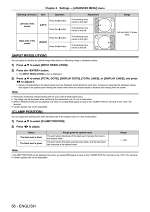 Page 56Chapter 4 Settings — [ADVANCED MENU] menu
56 - ENGLISH
Blanking correction Item Operation AdjustmentRange
Left side of the  screen [LEFT]Press the 
w button. The blanking zone 
moves to the right.
Left and right: 0 (lower 
limit) 
Press the 
q button. The blanking zone 
moves to the left.
Right side of the  screen [RIGHT]Press the 
q button. The blanking zone 
moves to the right.
Press the 
w button. The blanking zone 
moves to the left.
[INPUT RESOLUTION]
You can adjust to achieve an optimal image when...