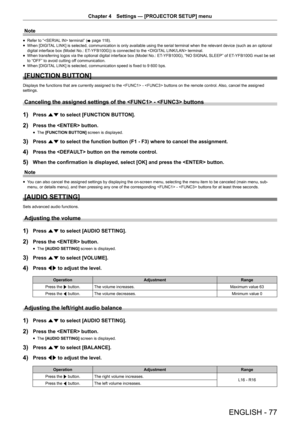 Page 77Chapter 4 Settings — [PROJECTOR SETUP] menu
ENGLISH - 77
Note
 fRefer to “ terminal” (
x page 1 18). fWhen [DIGITAL

 LINK] is selected, communication is only available using the serial terminal when the relevant device (such as an optional 
digital interface box (Model No.: ET-YFB100G)) is connected to the  terminal.
 f When transferring logos via the optional digital interface box (Model No.: ET
-YFB100G), “NO SIGNAL SLEEP” of ET

-YFB100G must be set 
to “OFF” to avoid cutting off communication.
 f...