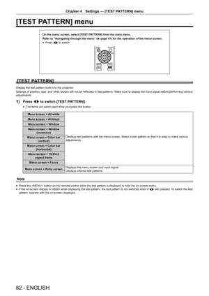 Page 82Chapter 4 Settings — [TEST PATTERN] menu
82 - ENGLISH
[TEST PATTERN] menu
On the menu screen, select [TEST PATTERN] from the main menu.
Refer to “Navigating through the menu” (
x
 page 41) for the operation of the menu screen.
 fPress 
qw to switch.
[TEST PATTERN]
Display the test pattern built-in to the projector.
Settings of position, size, and other factors will not be reflected in test patterns. Make sure to display the input signal before performing various 
adjustments.
1) Press qw to switch [TEST...