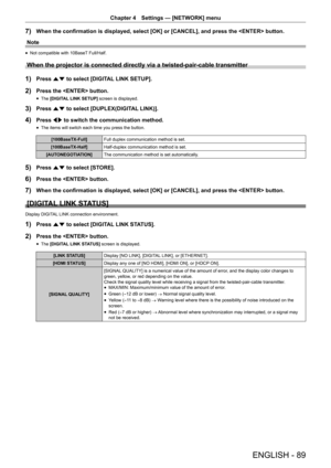 Page 89Chapter 4 Settings — [NETWORK] menu
ENGLISH - 89
7) When the confirmation is displayed, select [OK] or [CANCEL], and press t\
he  button.
Note
 f Not compatible with 10BaseT Full/Half.
When the projector is connected directly via a twisted-pair-cable transm\
itter
1) Press as to select [DIGITAL LINK SETUP].
2) Press the  button.
 fThe [DIGIT
AL LINK SETUP] screen is displayed.
3) Press as to select [DUPLEX(DIGITAL LINK)].
4) Press qw to switch the communication method.
 fThe items will switch each time...