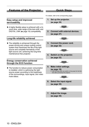 Page 10 
10 - ENGLISH
Features of the Projector
Easy setup and improved 
serviceability
 /£A highly flexible setup is achieved with a 2x 
zoom 
lens, wide range of the lens shift, and 
DIGITAL LINK ( x
 page 16) compatibility

.
Long-life reliability achieved
 /£The reliability is enhanced through the 
power-driving and unique cooling control 
system that maximizes the life of the light 
source and complete hermeticity of the 
light source unit, achieving the long-time 
maintenance-free projector.
Energy...