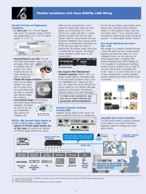 Page 4Versatile  First-Time  and  Replacement 
Installations
s2!  Zoom  Lens:  For  a  120-inch-diagonal 
wide  screen,  the  projection  distance  extends 
from  approximately  3.9  m  (12.8  ft)  to  approx-
imately  7.8  m  (25.7  ft).
sHorizontal/Vertical  Lens  Shift:  The  wide 
shift  range  accommodates  various  room  sizes 
and  shapes.  When  lights 
or  ventilation  holes  are 
located  in  the  ceiling 
mounting  site,  you  can 
simply  relocate  the  pro-
jector  to  avoid  them.
sFlexible...