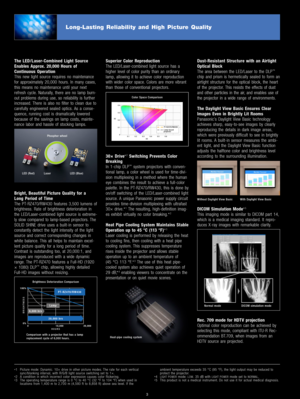 Page 4The  LED/Laser-Combined  Light  Source 
Enables  Approx.  20,000  Hours  of 
Continuous  Operation
This  new  light  source  requires  no  maintenance 
for  approximately  20,000  hours.  In  many  cases, 
this  means  no  maintenance  until  your  next 
refresh  cycle.  Naturally,  there  are  no  lamp  burn-
out  problems  during  use,  so  reliability  is  further 
increased.  There  is  also  no  ﬁlter  to  clean  due  to 
carefully  engineered  sealed  optics.  As  a  conse-
quence,  running  cost...