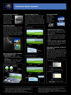 Page 6Flexible  360-Degree  Installation 
The  projectors  can  be 
rotated  vertically.  This 
means  you  can  install 
one  at  any  up-and-down 
angle  you  want,  to 
accommodate  different 
installation  conditions.
 
Portrait  Mode  Capability
Portrait  mode  allows  the  projector  to  be  mount-
ed  with  its  side  surface  facing  down,*9 for pro-
jecting  onto  a  long,  vertical  screen.  This  pro-
vides  a  fresh  visual  effect  in  museums,  public 
spaces,  shopping  centers,  company...