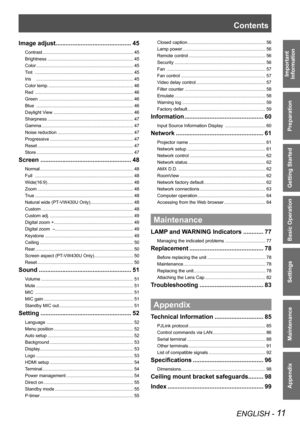 Page 11ENGLISH - 11
Important 
 
Information
Preparation
Getting Started
Basic Operation
Settings
Maintenance
Appendix
Contents
Image adjust.............................................45
Contrast ........................................................................45
Brightness  ....................................................................45
Color ...........................................................................\
..45
Tint...