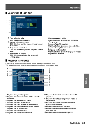 Page 65Network
ENGLISH - 65
Settings
Description of each item  J
1 Page selection tabs
  Click these to switch pages.
2 Monitor information button 
Click this item, and the status of the projector 
is displayed.
3 Projector control button 
Click this item to display the projector control 
page.
4 Detailed set up button 
Click this item to display the advanced 
settings page.
5 Change password button
    Click this button to display the password 
change page.
6  Crestron RoomView button
    Click this button to...