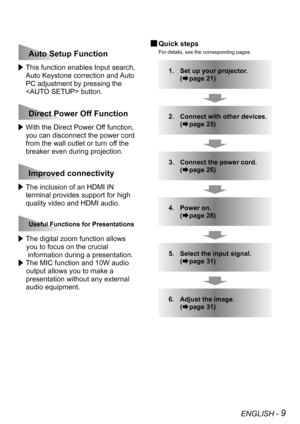 Page 9ENGLISH - 9
 This function enables Input search, 
Auto Keystone correction and Auto 
PC adjustment by pressing the 
 button.
 With the Direct Power Off function, 
you can disconnect the power cord 
from the wall outlet or turn off the 
breaker even during projection.
 The inclusion of an HDMI IN 
terminal provides support for high 
quality video and HDMI audio.
 The digital zoom function allows 
    you to focus on the crucial 
     information during a presentation.
  The MIC function and 10W audio...