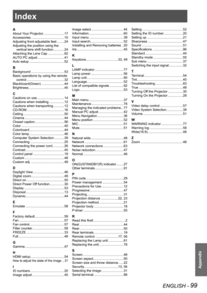 Page 99ENGLISH - 99
Appendix
Index
A
About Your Projector.......................17
Accessories ....................................15
Adjusting front adjustable feet ........24
Adjusting the position using the 
vertical lens shift function ............24
Attaching the Lens Cap  ..................82
AUTO PC adjust .............................41
Auto setup  ......................................52
B
Background ....................................53
Basic operations by using the remote 
control...