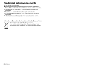 Page 3670-E
NGLISH
Trademark acknowledgementsBThe SD logo is a trademark. 
B  Windows and PowerPoint are trademarks or registered trademarks of 
Microsoft Corporation in the United States of America and other countries.
B  VGA and XGA are trademarks of International Business Machines 
Corporation.
B  Macintosh is a registered trademark of Apple Computer, Inc. 
B  S-VGA is a registered trademark of the Video Electronics Standards 
Association.
All other trademarks are the property of the various trademark...
