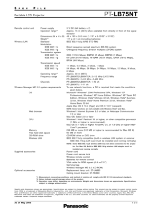 Page 3SPECFILE
PT-LB75NTPortable LCD Projector
As of May 2008< 3 >
Remote control unit  Power supply
Operation range*
3
Dimensions (W x H x D)
Weight*2
Wireless LANStandard
Modulation IEEE 802.11b
IEEE 802.11g
Transmission system IEEE 802.11b
IEEE 802.11g
Transmission speed IEEE 802.11b
IEEE 802.11g
Operating range*
3
Frequency range
Channels
Wireless Manager ME 5.0 system requirements OS
Web browser
CPU
Memory
Free hard disk space
CD-ROM drive
Wireless LAN
Supplied accessories
Optional accessories 3 V DC (AA...