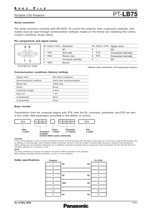 Page 6SPECFILE
PT-LB75Portable LCD Projector
As of May 2008< 6 >
STXETX
C1 C2 C3 : P1 P2 P3 P4
Start
(1 byte) End
(1 byte)
Colon
(1 byte) Parameter
(1-4 bytes)
Command
(3 bytes)
(Control and/or query commands)
Serial connector
The serial connector complies with RS-232C. To control the projector from a personal computer, com-
mands must be input through communication software, based on the format and satisfying the commu-
nication conditions shown below.
Pin assignments and signal names
Communication conditions...