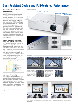 Page 3Dust-Resistant Structure Minimises
Image Degradation
After a projector has been used for some time,
dust particles that have entered the interior
accumulate on the optical components 
and lower performance. The PT-LB80 Series
prevents this with a unique dust-resistant
design. This totally redesigned package has
touch-sensor controls that eliminate the gaps
around conventional buttons and a lens cover.
The design also incorporates a cover that pro-
tects the zoom/focus ring when not in use.
These features...