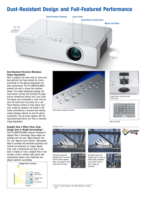 Page 3Simulated image with
Daylight View 4 turned off.
Overall contrast appears
lower, and images in dark
areas cannot be seen.
Ambient 
light sensor
Daylight View 4 Concept
Daylight View 
circuit
LCD panels
Projector
Simulated image with
Daylight View 4 turned on.
Detail, depth, brightness
and contrast over the
entire image are
enhanced.
Touch-sensor controls on the top A zoom/focus ring cover and
a lens cover
Micro Cut Filter
Dust-Resistant Design and Full-Featured Performance
Touch Sensor ControlsLens...