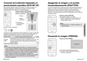 Page 50SELEC RGB IN
ESPAÑOL
-27
Funciones útiles
26-E
SPAÑOL
Apagando la imagen y el sonido
momentáneamente (SHUTTER)La función de obturación se puede usar para momentáneamente apagar la
imagen y el sonido que proviene del proyector cuando el proyector no se
está usando por cortos periodos de tiempo, tales como periodos de
descanso en reuniones o cuando se realizan preparativos. El proyector
consume menos alimentación en el modo de obturación que en el modo de
proyección normal.
ENTER
FREEZEINDEX...