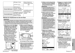 Page 36FRANÇAIS
-71
Others
70-F
RANÇAIS
#
Mettre hors circuit l’interrupteur
d’alimentation principale (MAIN
POWER) suivant la méthode
donnée dans “Mise hors circuit
de l’alimentation” à la page 24,
puis débrancher la fiche du
cordon d’alimentation de la
prise de courant et vérifier que
les pièces autour du bloc de
lampe se sont refroidies.
$Utiliser un tournevis Phillips
pour desserrer les vis de
fixation du couvercle du bloc
de lampe sur le fond du
projecteur, puis enlever le
couvercle du bloc de lampe.%...