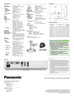 Page 4
Weights and dimensions shown are approximate. Specifications are subject to change without notice.
This product may be subject to export control regulations. UHM is a trademark of Matsushita Electric Industrial Co., Ltd. VGA and XGA are trademarks of International Business Machines Corporation. Windows and PowerPoint are
either registered trademarks or trademarks of Microsoft Corporation in the United States and/or other countries. All other trademarks are the property of their respective trademark o...