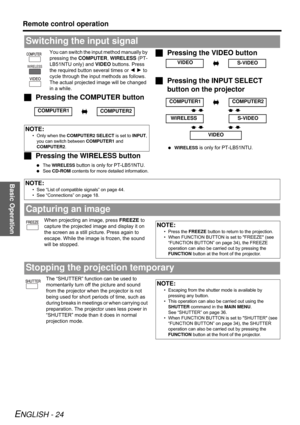 Page 24Basic Operation
Remote control operation
ENGLISH - 24
You can switch the input method manually by 
pressing the COMPUTER, WIRELESS (PT-
LB51NTU only) and VIDEO buttons. Press 
the required button several times or I H to 
cycle through the input methods as follows. 
The actual projected image will be changed 
in a while.
JPressing the COMPUTER button
JPressing the WIRELESS button
 The WIRELESS button is only for PT-LB51NTU.
 See CD-ROM contents for more detailed information.
JPressing the VIDEO button...