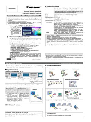Page 1[Wireless Manager ME 4.5] :
This software is used to send screen images from a computer to the projector via
a wireless LAN. When installing this software, follow the instructions on the
screen.
[Installation Free Set Up] :
Although some are impossible, you can use the basic functions of Wireless
Manager ME 4.5 without installing it in the computer.
When using Wireless Manager ME 4.5 without copying the program
Click [Direct CD-ROM Startup] to launch Wireless Manager ME 4.5.
When copying Wireless Manager...