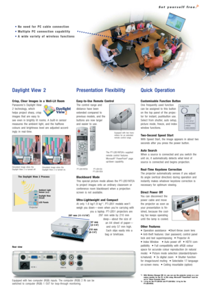 Page 3Daylight View 2
Crisp, Clear Images in a Well-Lit Room
Panasonic’s Daylight View
2 technology, which
helps project sharp, crisp
images that are easy to
see even in brightly lit rooms. A built-in sensor
measures the ambient light, and the halftone
colours and brightness level are adjusted accord-
ingly in real-time.
Presentation Flexibility
Easy-to-Use Remote Control
The control range and
distance have been
extended compared to
previous models, and the
buttons are now larger
and easier to use.
Blackboard...
