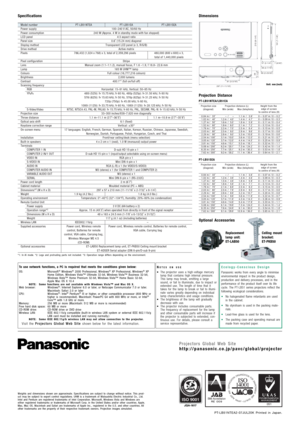 Page 4Ceiling mount
bracket:
ET-PKB50 Replacement
lamp unit:
ET-LAB50
Specifications
Projection Distance
PT-LB51NTEA/LB51EA
Optional Accessories
81 (3-3/16˝) 
210 (8-1/4˝)  39 
(1-1/2˝) 
181 (7-1/8˝) 
69 (2-23/32˝) 69 (2-7/16˝) 57 (2-1/4˝) 7 (9/32˝) 
297 (11-11/16˝) 
Unit: mm (inch)
0.84 m
1.02 m
1.27 m
1.52 m
1.78 m
2.03 m
2.29 m
2.54 m
3.05 m
3.81 m
5.08 m
6.35 m
7.62 m–
1.2 m
1.6 m
1.9 m
2.2 m
2.5 m
2.8 m
3.1 m
3.7 m
4.6 m
6.2 m
7.7 m
9.2 m1.1 m
1.4 m
1.8 m
2.1 m
2.5 m
2.9 m
3.3 m
3.6 m
4.4 m
5.5 m
7.3 m...