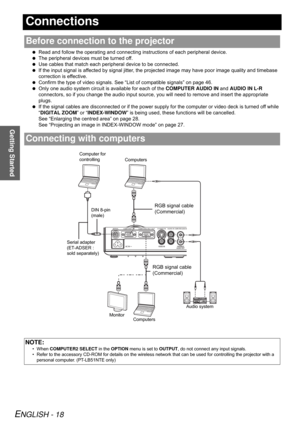 Page 18Getting Started
ENGLISH - 18
Connections
 Read and follow the operating and connecting instructions of each peripheral device.
 The peripheral devices must be turned off.
 Use cables that match each peripheral device to be connected.
 If the input signal is affected by signal jitter, the projected image may have poor image quality and timebase 
correction is effective.
 Confirm the type of video signals. See “List of compatible signals” on page 46.
 Only one audio system circuit is available for each of...