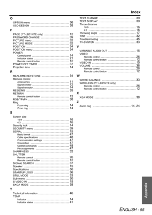 Page 55Appendix
Index
ENGLISH - 55
O
OPTION menu ............................................ 36
OSD DESIGN ............................................. 38
P
PAGE (PT-LB51NTE only) ............................. 12
PASSWORD CHANGE ................................. 39
PICTURE menu ........................................... 32
PICTURE MODE ......................................... 32
POSITION .................................................. 34
POSITION menu .......................................... 34
POWER...