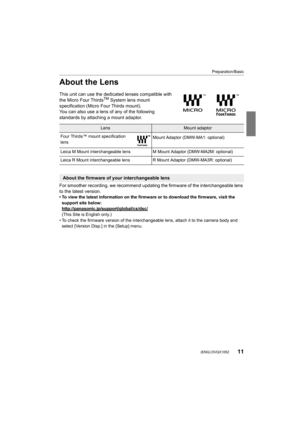 Page 1111
Preparation/Basic
 (ENG) DVQX1052
About the Lens
This unit can use the dedicated lenses compatible with 
the Micro Four ThirdsTM System lens mount 
specification (Micro Four Thirds mount).
You can also use a lens of any of the following 
standards by attaching a mount adaptor.
For smoother recording, we recommend updating the firmware of t he interchangeable lens 
to the latest version.
• To view the latest information on the firmware or to download  the firmware, visit the 
support site below:...