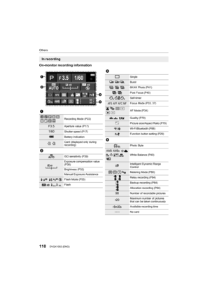 Page 110Others
110DVQX1052 (ENG) 
On-monitor recording information
In recording
1
Recording Mode (P22)
F3.5Aperture value (P17)
1/60Shutter speed (P17)
Battery indication
Card (displayed only during 
recording)
2
ISO sensitivity (P39)
Exposure compensation value 
(P38)
Brightness (P32)
Manual Exposure Assistance
‰ŒFlash Mode (P55)
Flash
F 3.5
98
98AW B
1/60
000
Fn
ISOAUTO
OFFL4:3AFS AFS
 


C1EXPSEXPS
ISOAUTO
00
WL
3
Single
Burst
6K/4K Photo (P41)
Post Focus (P45)
Self-timer
Focus Mode (P33, 37)
š
ØAF Mode...