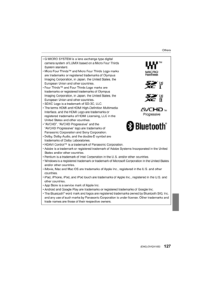 Page 127127
Others
 (ENG) DVQX1052
• G MICRO SYSTEM is a lens exchange type digital camera system of LUMIX based on a Micro Four Thirds 
System standard.
• Micro Four Thirds™ and Micro Four Thirds Logo marks  are trademarks or registered trademarks of Olympus 
Imaging Corporation, in Japan, the United States, the 
European Union and other countries.
• Four Thirds™ and Four Thirds Logo marks are  trademarks or registered trademarks of Olympus 
Imaging Corporation, in Japan, the United States, the 
European Union...