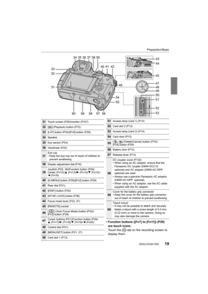 Page 1919
Preparation/Basic
 (ENG) DVQX1052
• Function buttons ([Fn7] to [Fn11]) (P29) are touch icons.
Touch the [ ] tab on the recording screen to 
display them.
45
47
48
49
51
52
53
31
54
35 36
4142
37
60 565733
32
44 43
50
55
46
343839
40
5958
31Touch screen (P26)/monitor (P107)
32[(] (Playback) button (P72)
33[LVF] button (P24)/[Fn5] button (P29)
34Speaker
35Eye sensor (P24)
36Viewfinder (P24)
37Eye cup
• Keep the eye cup out of reach of children to 
prevent swallowing.
38Diopter adjustment dial (P16)...