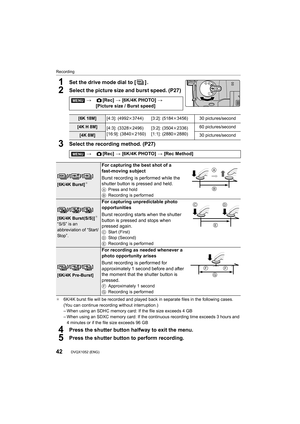 Page 42Recording
42DVQX1052 (ENG) 
1Set the drive mode dial to [ ] .
2Select the picture size and burst speed. (P27)
3Select the recording method. (P27)
¢6K/4K burst file will be recorded and played back in separate f iles in the following cases. 
(You can continue recording without interruption.)
– When using an SDHC memory card:  If the file size exceeds 4 GB
– When using an SDXC memory card: If the conti nuous recording time exceeds 3 hours and 
4 minutes or if the file size exceeds 96 GB
4Press the shutter...