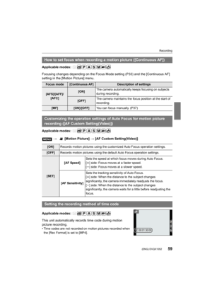 Page 5959
Recording
 (ENG) DVQX1052
Applicable modes: 
Focusing changes depending on the Focus Mode setting (P33) and the [Continuous AF] 
setting in the [Motion Picture] menu.
Applicable modes: 
Applicable modes: 
This unit automatically recor ds time code during motion 
picture recording.
• Time codes are not recorded on motion pictures recorded when 
the [Rec Format] is set to [MP4].
How to set focus when recording a motion picture ([Continuous A F])
Focus mode[Continuous AF]Description of settings...