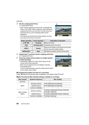 Page 66Recording
66DVQX1052 (ENG) 
3Set the cropping start frame.ACropping start frame
• When making settings for the first time, a cropping start  frame of size 1920 k1080 is displayed. (After setting the 
cropping start frame and end frame, the start frame and 
end frame that you set immediately before will be 
displayed.)
• The camera will remember the frame position and size  even when the camera is turned off.
4Repeat step 3, and then set the cropping end frame.B Cropping end frame
5Press the motion...