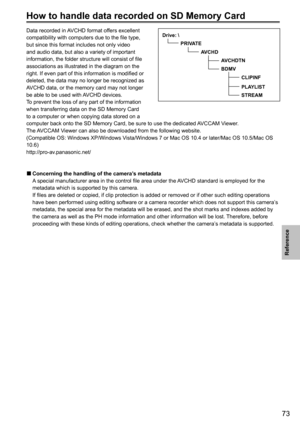 Page 12573
Reference
How to handle data recorded on SD Memory Card
Data recorded in AVCHD format offers excellent 
compatibility with computers due to the file type, 
but since this format includes not only video 
and audio data, but also a variety of important 
information, the folder structure will consist of file 
associations as illustrated in the diagram on the 
right. If even part of this information is modified or 
deleted, the data may no longer be recognized as 
AVCHD data, or the memory card may not...