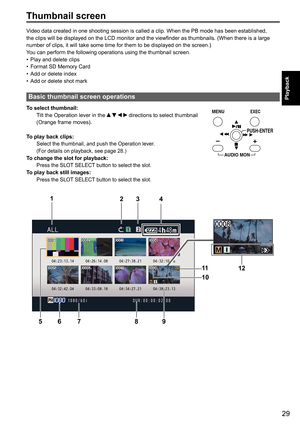 Page 8129
Playback
Thumbnail screen
Video data created in one shooting session is called a clip. When the PB \
mode has been established, 
the clips will be displayed on the LCD monitor and the viewfinder as thu\
mbnails. (When there is a large 
number of clips, it will take some time for them to be displayed on the \
screen.)
You can perform the following operations using the thumbnail screen.Play and delete clips
•	
Format SD Memory Card
•	
Add or delete index
•	
Add or delete shot mark
•	
Basic thumbnail...