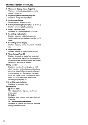 Page 8230
1 Thumbnail display status (Page 34)
The types of clips displayed as thumbnails 
appear in this area.
2  Repeat playback indicator (Page 32)
Displayed during repeat playback.
3  Card status display
Displays status of SD Memory Card.
4 Battery remaining display (Page 24 of Vol.1)
Displays remaining battery capacity.
5  Cursor (Orange frame)
Displayed on currently selected thumbnail.
6  Recording mode display
Displays recording mode if clip currently 
highlighted by cursor has been recorded in PH...