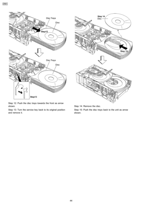 Page 44Step 12: Push the disc trays towards the front as arrow
shown.
Step 13: Turn the service key back to its original position
and remove it.
Step 14: Remove the disc.
Step 15: Push the disc trays back to the unit as arrow
shown.
44
CRS1 