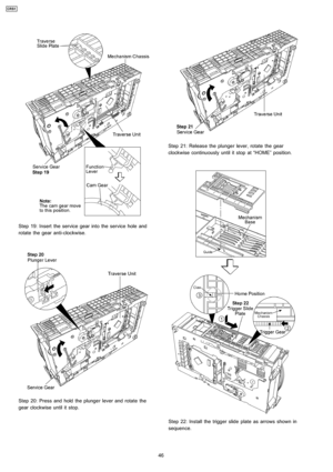 Page 46Step 19: Insert the service gear into the service hole and
rotate the gear anti-clockwise.
Step 20: Press and hold the plunger lever and rotate the
gear clockwise until it stop.
Step 21: Releas e the plunger lever, rotate the gear
clockwise continuously until it stop at “HOME” position.
Step 22: Install the trigger slide plate as arrows shown in
sequence.
46
CRS1 