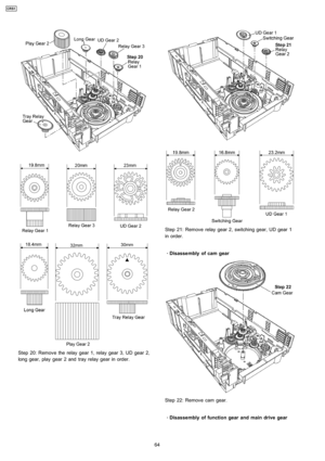 Page 64Step 20: Remove the relay gear 1, relay gear 3, UD gear 2,
long gear, play gear 2 and tray relay gear in order.
Step 21: Remove relay gear 2, switching gear, UD gear 1
in order.
 
    · 
    Disasse mbly of cam gear
Step 22: Remove cam gear.
 
    · 
    Disasse mbly of function gear and main drive gear
64
CRS1 