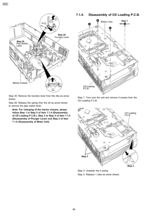 Page 66Step 25: Remove the function lever from the ribs as arrow
shown.
Step 26: Releas e the spring from the rib as arrow shown
to remove theplay switch lever.
Note: For changing of the mecha chassis, please
follow Step 1 to Step 5 of item 7.1.4 (Disassembly
of CD Loading P.C.B.), Step 3 to Step 4 of item 7.1.5
(Disassembly of Plunger Lever) and Step 2 of item
7.1.6 (Disassembly of Motor Unit)
7.1.4. Disassembly of CD Loading P.C.B.
Step 1: Turn over the unit and remove 4 screws from the
CD Loadin g P.C.B....