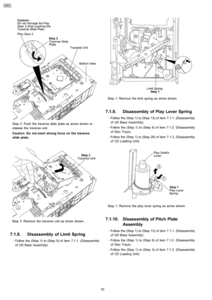 Page 70Step 2: Push the traverse slide plate as arrow shown to
release the traverse unit.
Caution: Do not exert strong force on the traverse
slide plate.
Step 3: Remove the traverse unit as arrow shown.
7.1.8. Disassembly of Limit Spring
 
    · 
    Follow the (Step 1) to (Step 9) of item 7.1.1. (Disassembly
of UD Base Assembly)
Step 1: Remove the limit spring as arrow shown.
7.1.9. Disassembly of Play Lever Spring
 
    · 
    Follow the (Step 1) to (Step 13) of item 7.1.1. (Disassembly
of UD Base Assembly)...