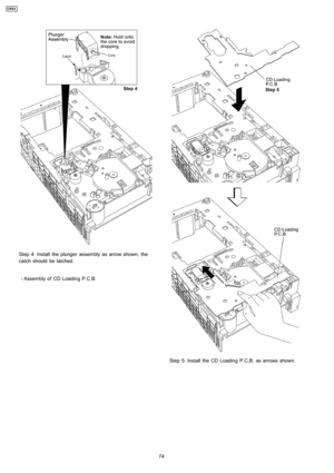 Page 74Step 4: Install the plunger assembly as arrow shown, the
catch should be latched.
 
    · 
    Assembly of CD Loadin g P.C.B.
Step 5: Install the CD Loadin g P.C.B. as arrows shown.
74
CRS1 