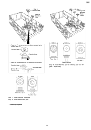 Page 77Step 13: Install the main drive gear.
Step 14: Install the function gear.
 
    · 
    Assembly of gears
Step 15: Install the relay gear 2, switching gear and UD
gear 1 respectively.
77
CRS1 