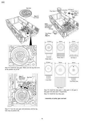 Page 78Step 16: Install the cam gear. Make sure the big hole is fix
at the position (A) at 90°
Step 17: Turn the cam gear anti-clockwise until the big
hole stop at position (B).
Step 18: Install the relay gear 1, relay gear 3, UD gear 2,
long gear and play gear 2 respectively.
Step 19: Install the tray relay gear.
 
    · 
    Assembly of pulley gear and belt
78
CRS1 